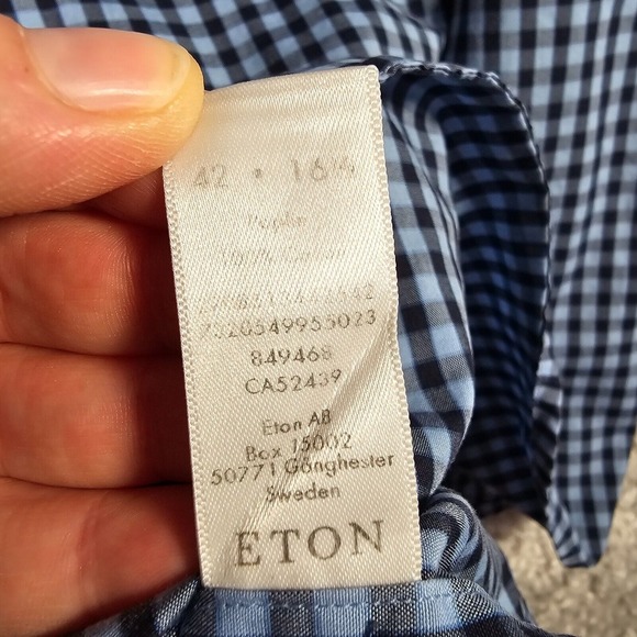 Eton Men Gingham Plaid Dress Shirt Size‎ Large Blue Business Office Workwear - Picture 13 of 14